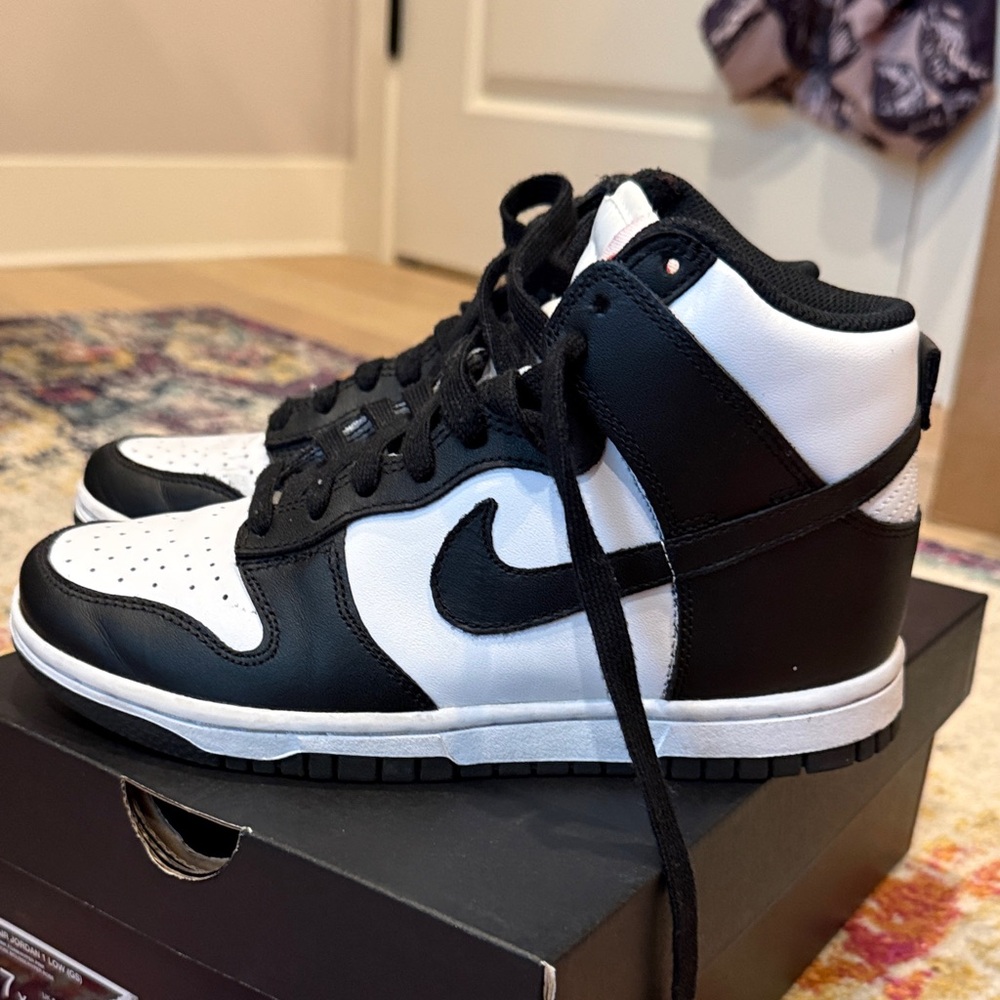 Nike High Top Pandas Black and White Sneakers with Red Accents